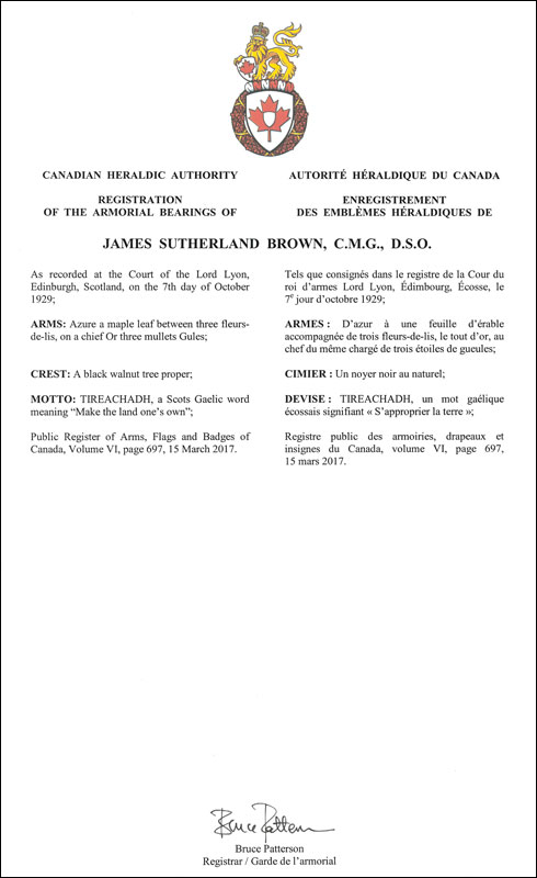 Letters patent registering the heraldic emblems of James Sutherland Brown