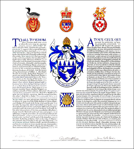 Letters patent granting heraldic emblems to William David Neelands