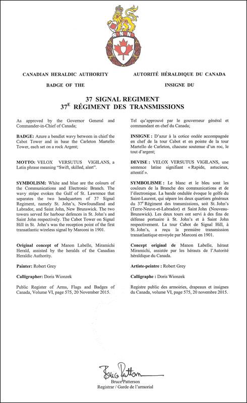 Lettres patentes approuvant l'insigne du 37e Régiment des transmissions