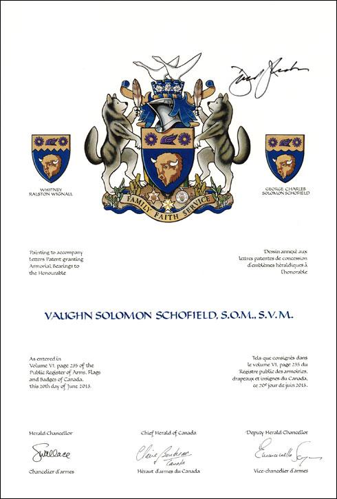 Lettres patentes concédant des emblèmes héraldiques à Vaughn Solomon Schofield