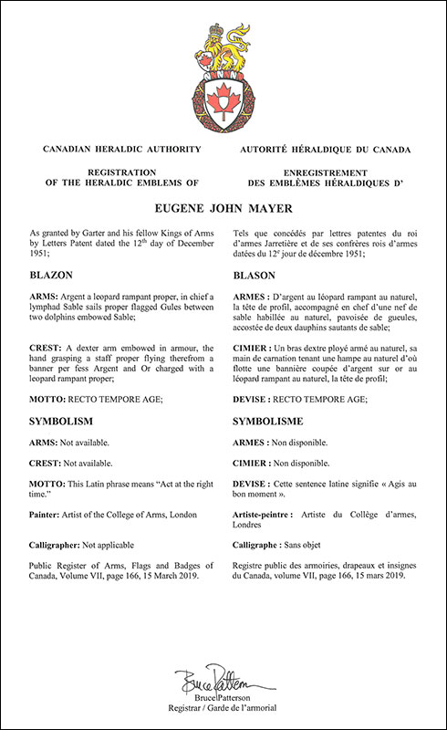 Lettres patentes enregistrant les emblèmes héraldiques d'Eugene John Mayer