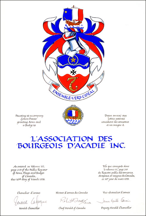Letters patent granting heraldic emblems to L'Association des Bourgeois d'Acadie Inc.
