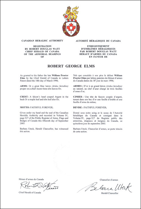 Lettres patentes enregistrant les emblèmes héraldiques de Robert George Elms