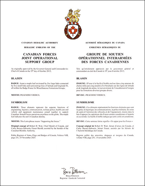 Lettres patentes confirmant l’insigne du Groupe de soutien opérationnel interarmées des Forces canadiennes