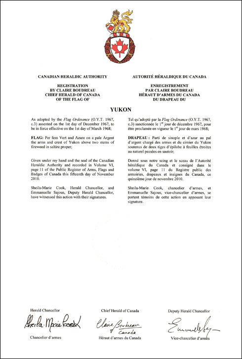 Lettres patentes enregistrant le drapeau du Yukon