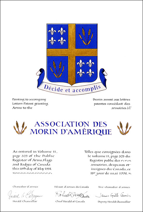 Lettres patentes concédant des emblèmes héraldiques à l'Association des Morin d'Amérique