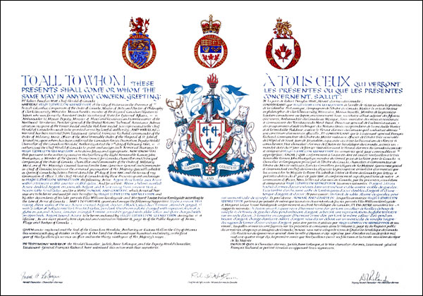Letters patent granting heraldic emblems to Hugh Llewellyn Keenleyside