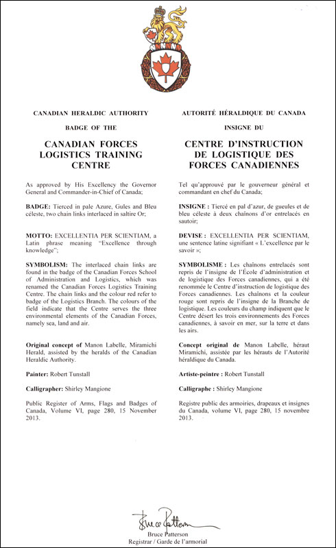 Lettres patentes approuvant les emblèmes héraldiques du Centre d'instruction de logistique des Forces canadiennes