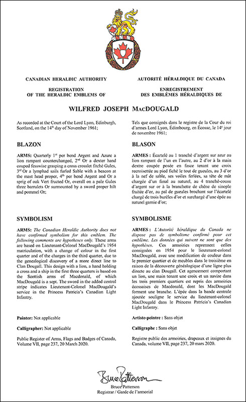 Letters patent registering the heraldic emblems of Wilfred Joseph MacDougald