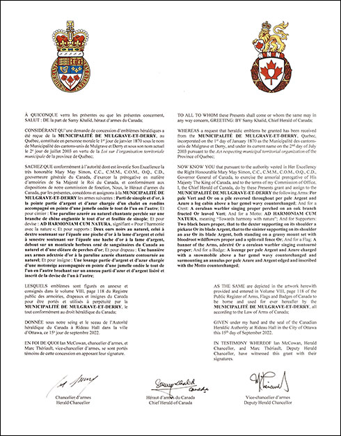 Letters patent granting heraldic emblems to the Municipalité de Mulgrave-et-Derry