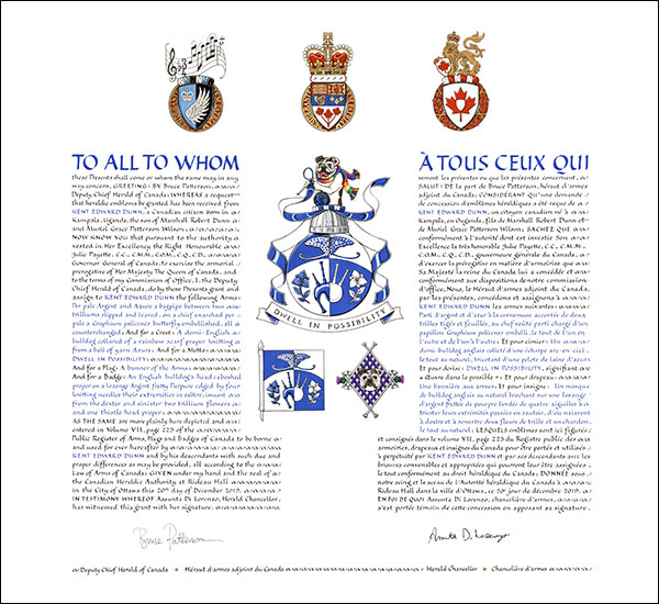 Letters patent granting heraldic emblems to Kent Edward Dunn