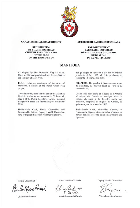 Lettres patentes enregistrant le drapeau de la Province du Manitoba