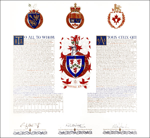 Letters patent granting heraldic emblems to Jean Michel Pelletier