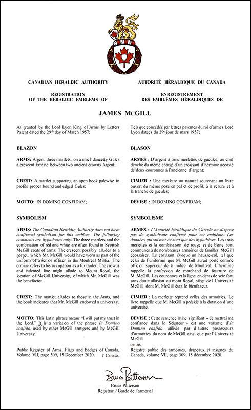 Letters patent registering the heraldic emblems of James McGill