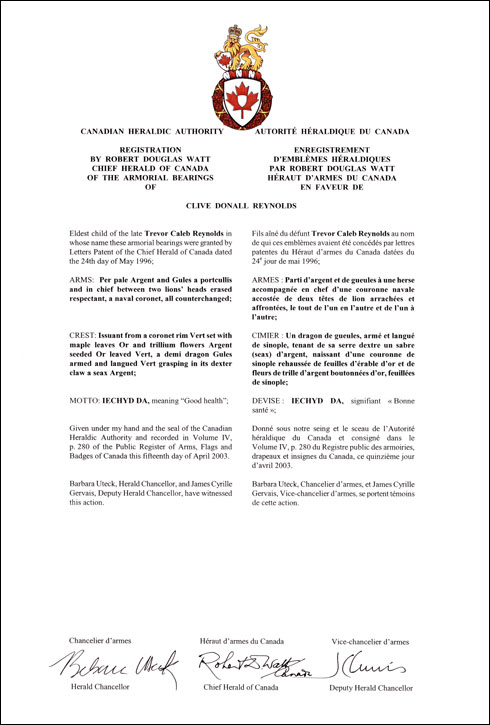 Lettres patentes enregistrant les emblèmes héraldiques de Clive Donall Reynolds