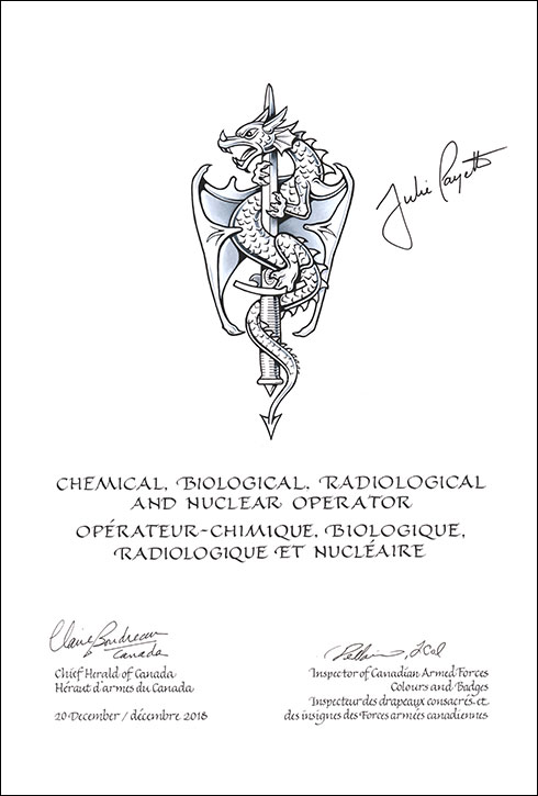 Letters patent approving the heraldic emblems of a Chemical, Biological, Radiological and Nuclear Operator of the Canadian Armed Forces