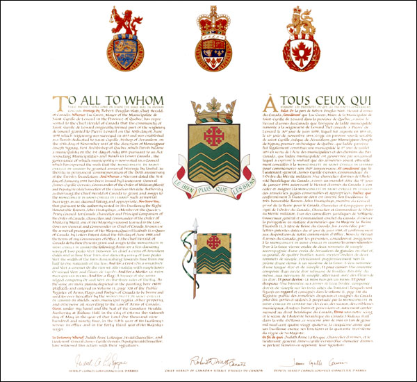 Letters patent granting heraldic emblems to the Municipalité de Saint-Cyrille de Lessard