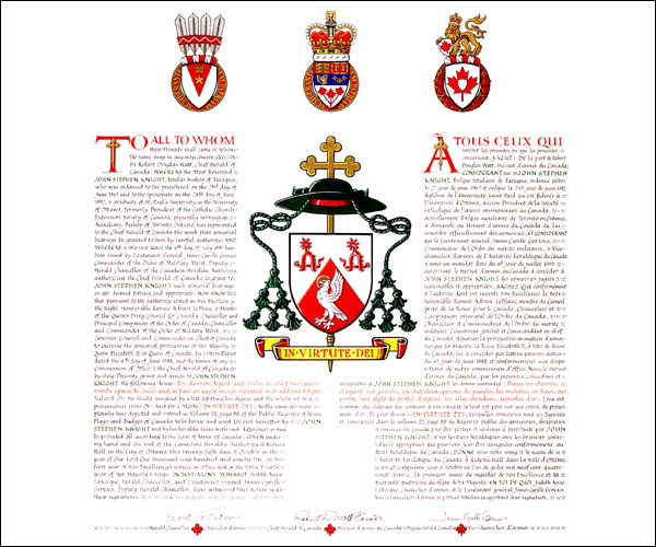 Letters patent granting heraldic emblems to John Stephen Knight