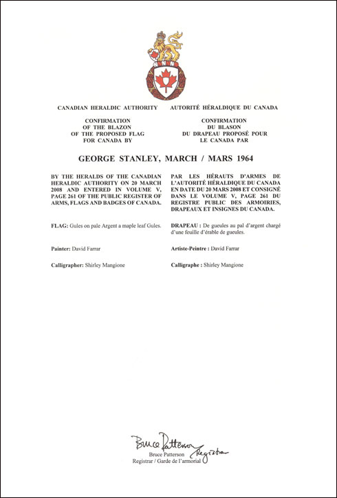 Lettres patentes confirmant le blasonnement du Drapeau proposé: George Stanley, 1964