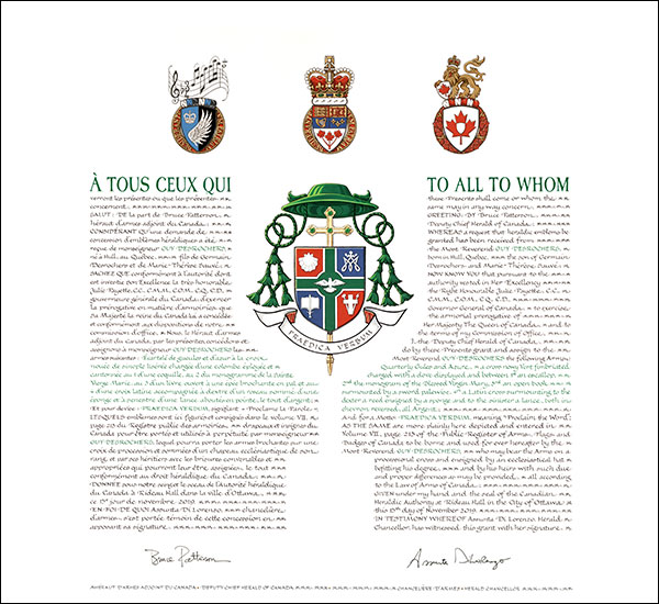 Letters patent granting heraldic emblems to Guy Desrochers