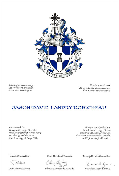 Lettres patentes concédant des emblèmes héraldiques à Jason David Landry Robicheau