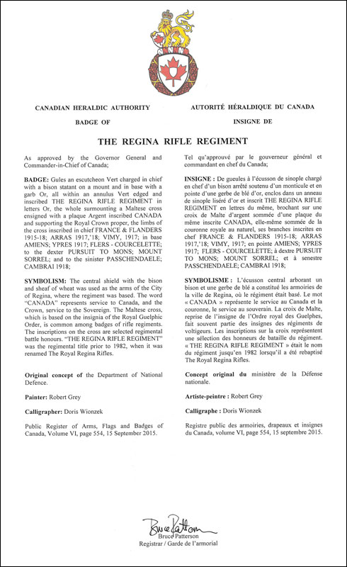 Letters patent approving the Badge of The Regina Rifle Regiment