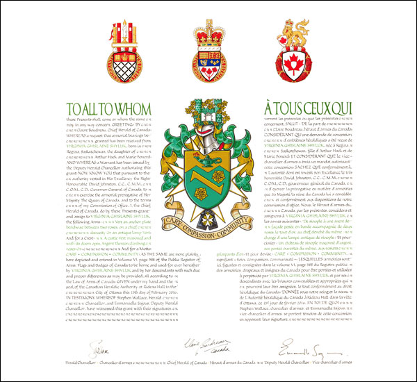 Letters patent granting heraldic emblems to Virginia Ghislaine Shyluk