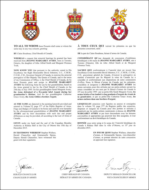 Letters patent granting heraldic emblems to Joanne Margaret Avery