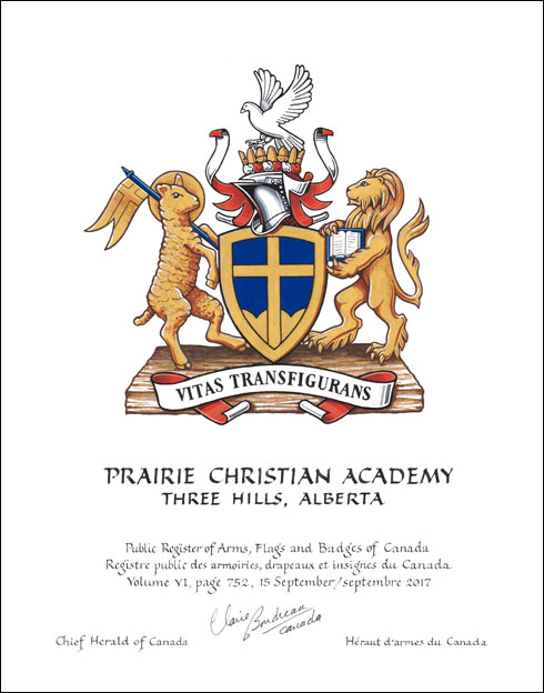 Lettres patentes concédant des emblèmes héraldiques à la Prairie Christian Academy Society