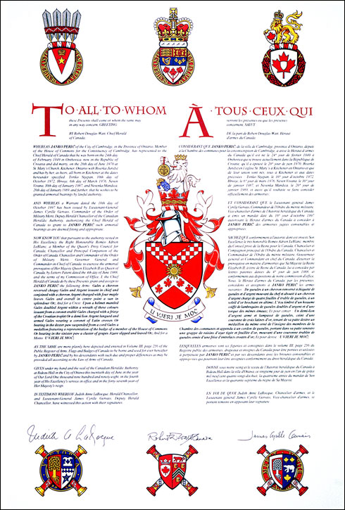 Letters patent granting heraldic emblems to Janko Perić