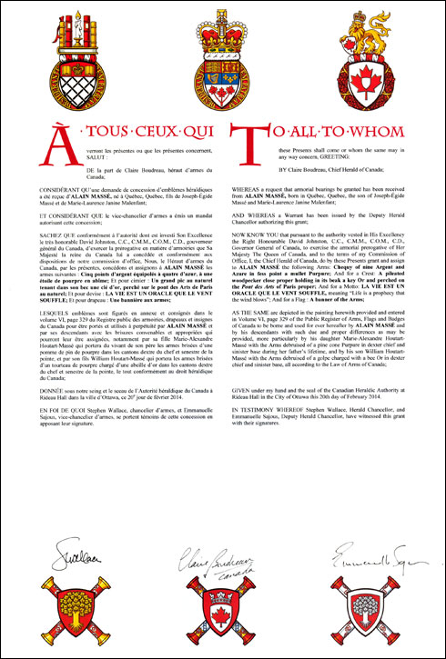Letters patents granting heraldic emblems to Alain Massé