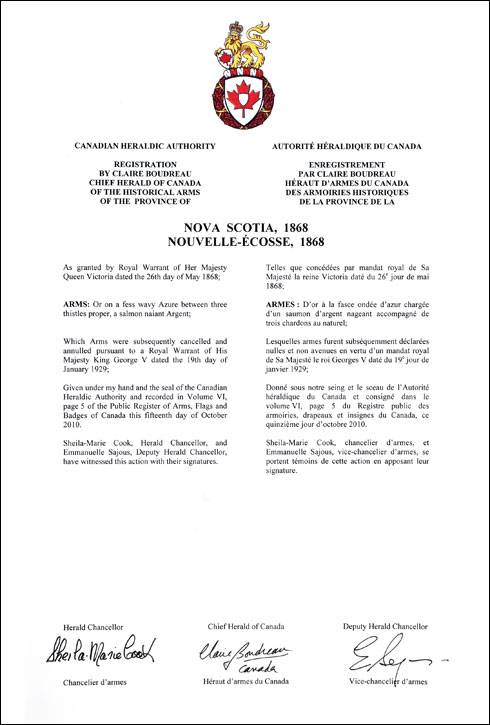 Letters patent registering the historical Arms of the Province of Nova Scotia