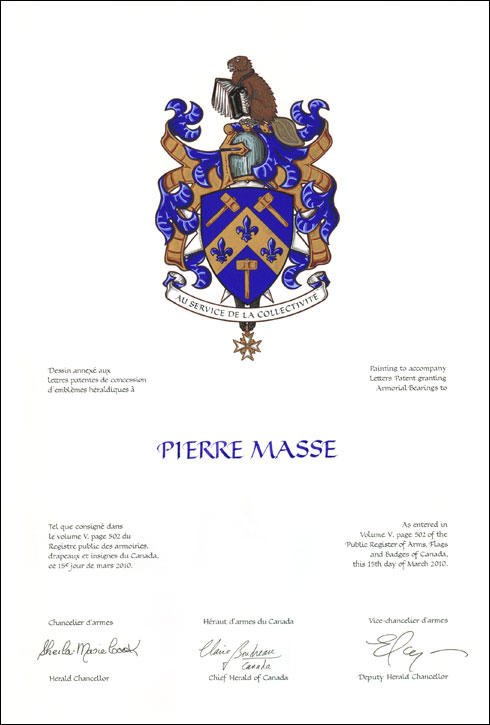 Letters patent granting heraldic emblems to Pierre Masse