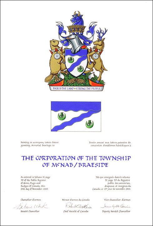 Letters patent granting heraldic emblems to The Corporation of the Township of McNab/Braeside