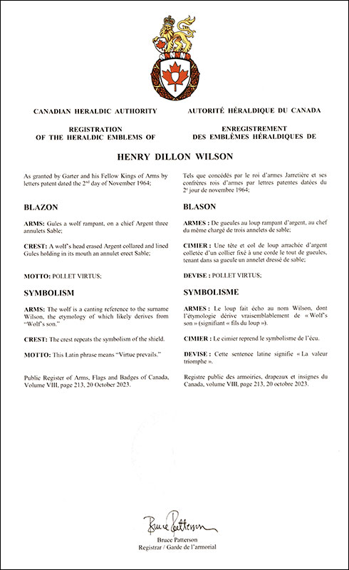 Lettres patentes enregistrant les emblèmes héraldiques de Henry Dillon Wilson
