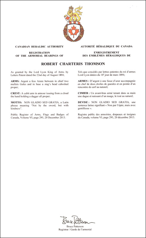 Lettres patentes enregistrant les emblèmes héraldiques de Robert Charteris Thomson