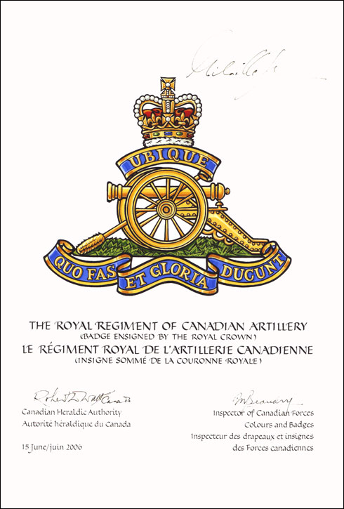 Lettres patentes approuvant l'insigne du Régiment royal de l’artillerie canadienne sommé de la couronne royale