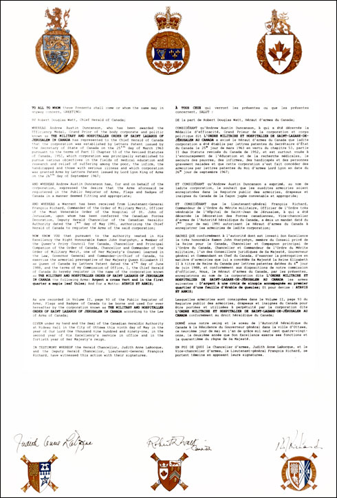 Lettres patentes enregistrant les emblèmes héraldiques de l'Ordre militaire et hospitalier de Saint-Lazare-de-Jérusalem au Canada
