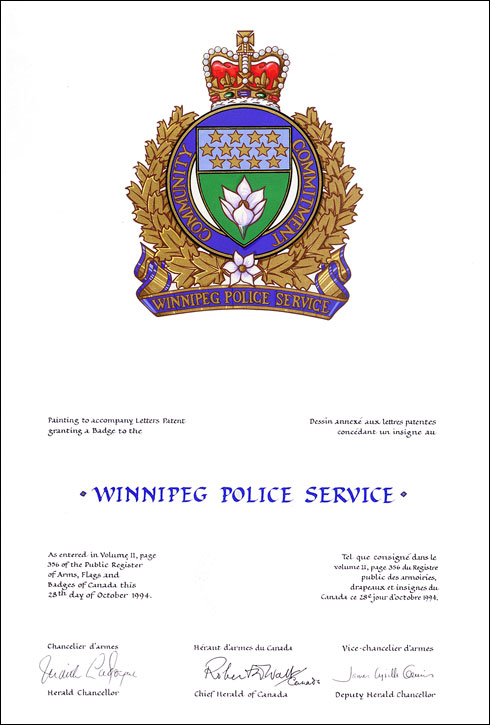 Lettres patentes concédant un insigne au Winnipeg Police Service