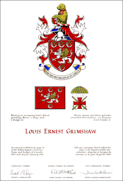 Letters patent granting heraldic emblems to Louis Ernest Grimshaw