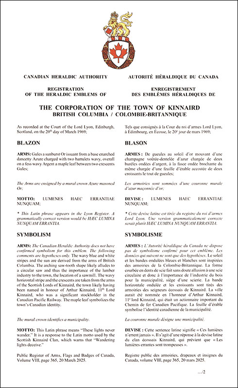 Lettres patentes enregistrant les emblèmes héraldiques de The Corporation of the Town of Kinnaird