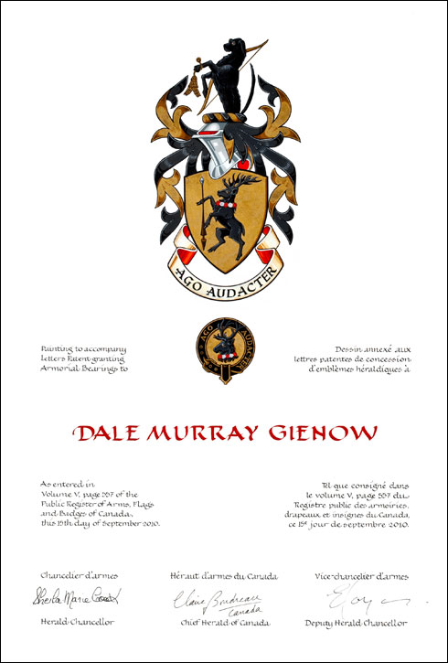 Lettres patentes concédant des emblèmes héraldiques à Dale Murray Gienow