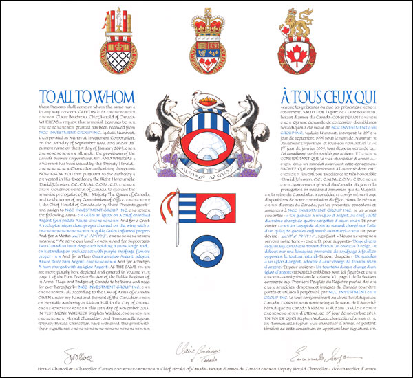 Lettres patentes concédant des emblèmes héraldique à NCC Investment Group Inc.