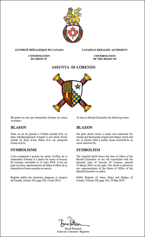 Letters patent confirming the heraldic emblems of Assunta Di Lorenzo