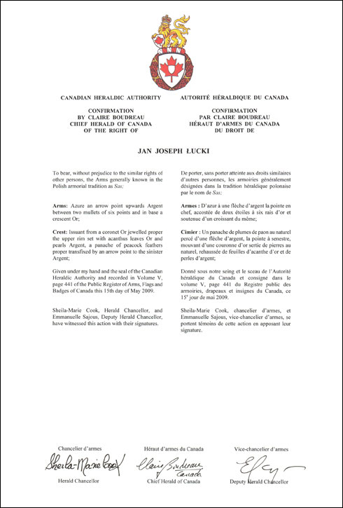 Lettres patentes confirmant le droit de Jan Joseph Łucki de porter les armoiries désignées par le nom de Sas