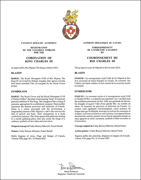 Lettres patentes enregistrant l'emblème canadien du couronnement du roi Charles III