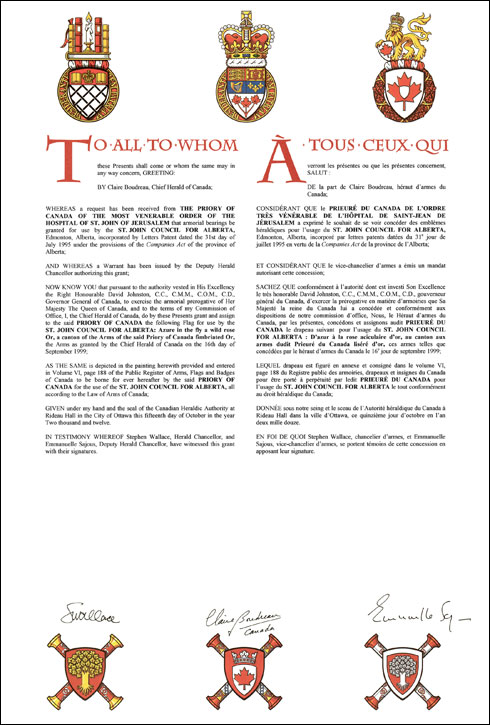 Letters patent granting a Flag to the St. John Council for Alberta