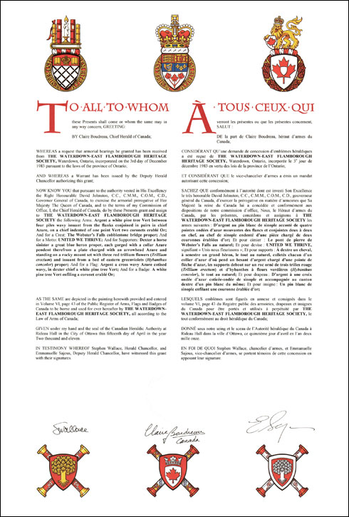 Lettres patentes concédant des emblèmes héraldiques à The Waterdown-East Flamborough Heritage Society