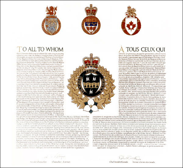 Letters patent granting a Badge to the Nepean Police Service