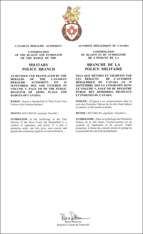 Letters patent confirming the blazon of the Badge of the Military Police Branch